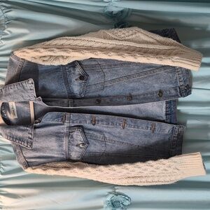 Caren Forbes 2fer Cable Knit Sweater sleeve Denim Button  jacket Sz S